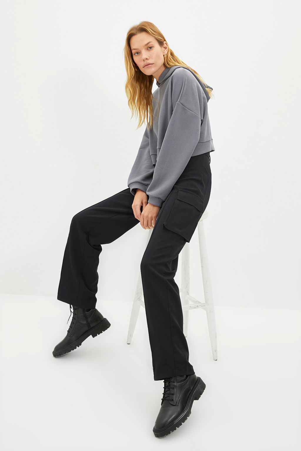 TRENDYOLMILLA Siyah Kargo Straight/Duz Kesim Dokuma Cift Cepli Dokuma Pantolon TWOAW22PL0343  фото 10