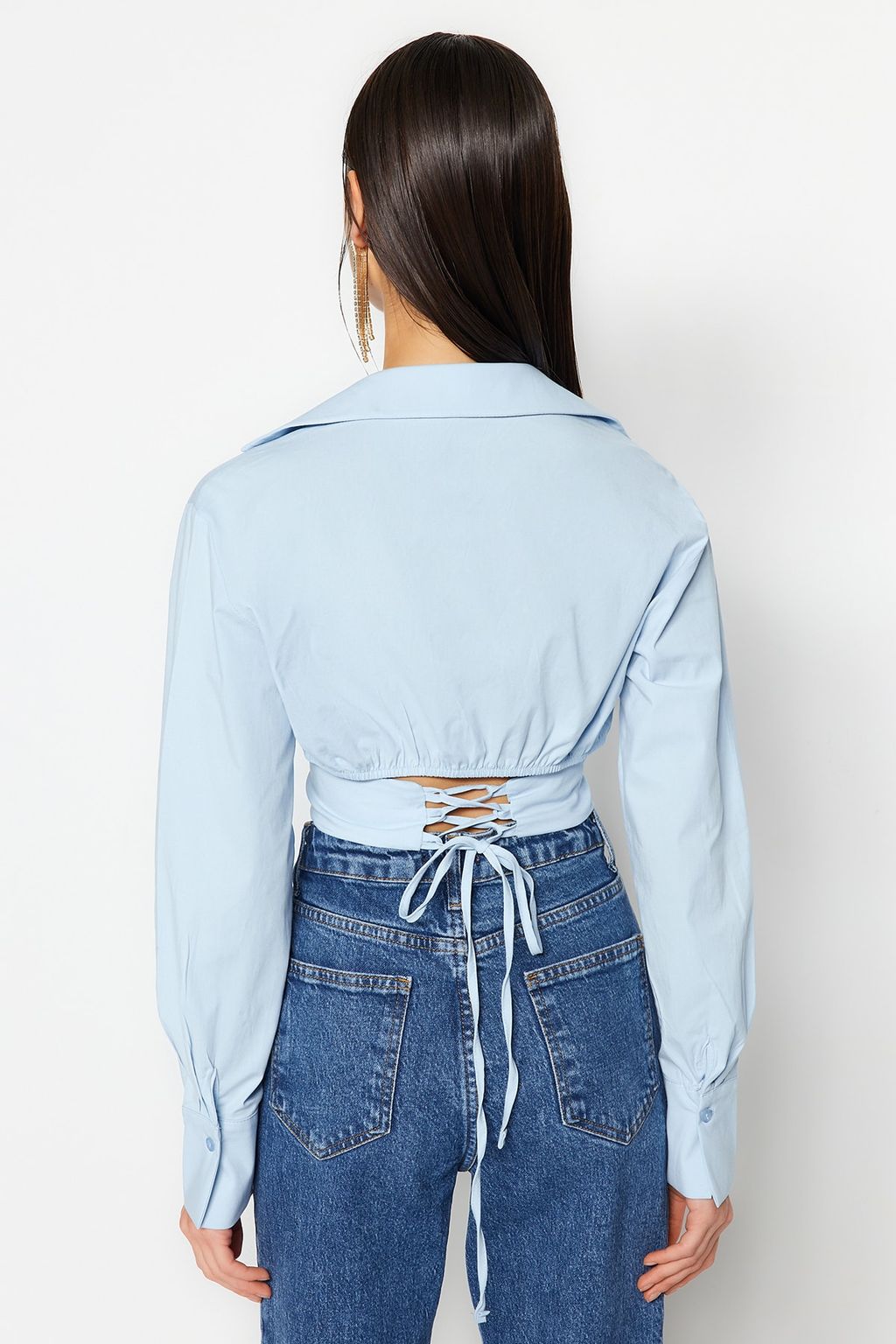 Mavi Crop Astarl? Korse Detayl? Dokuma Poplin Gomlek TPRAW23GO00004