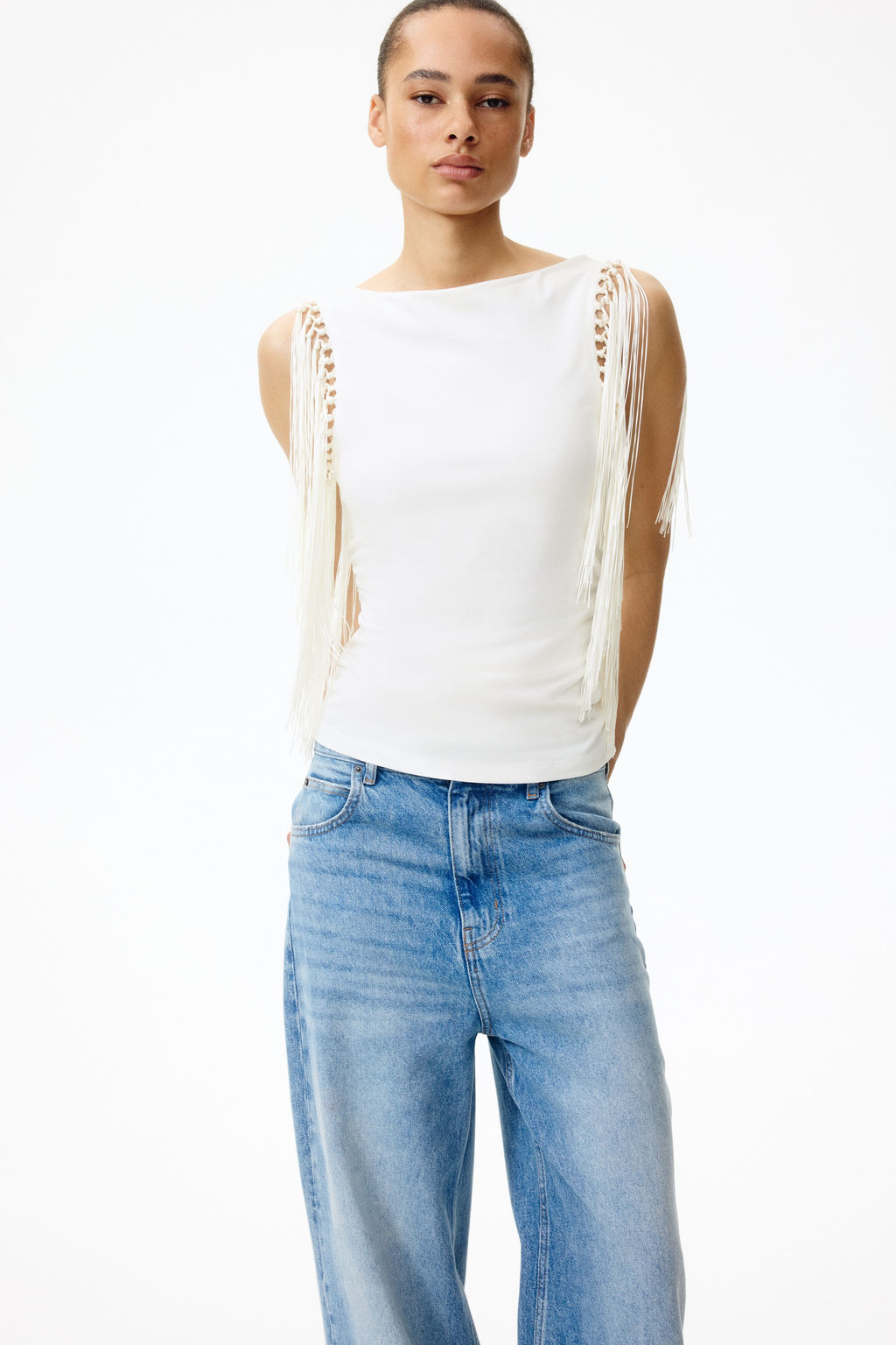 Top con escote barco y ribete de flecos - H&m фото 6
