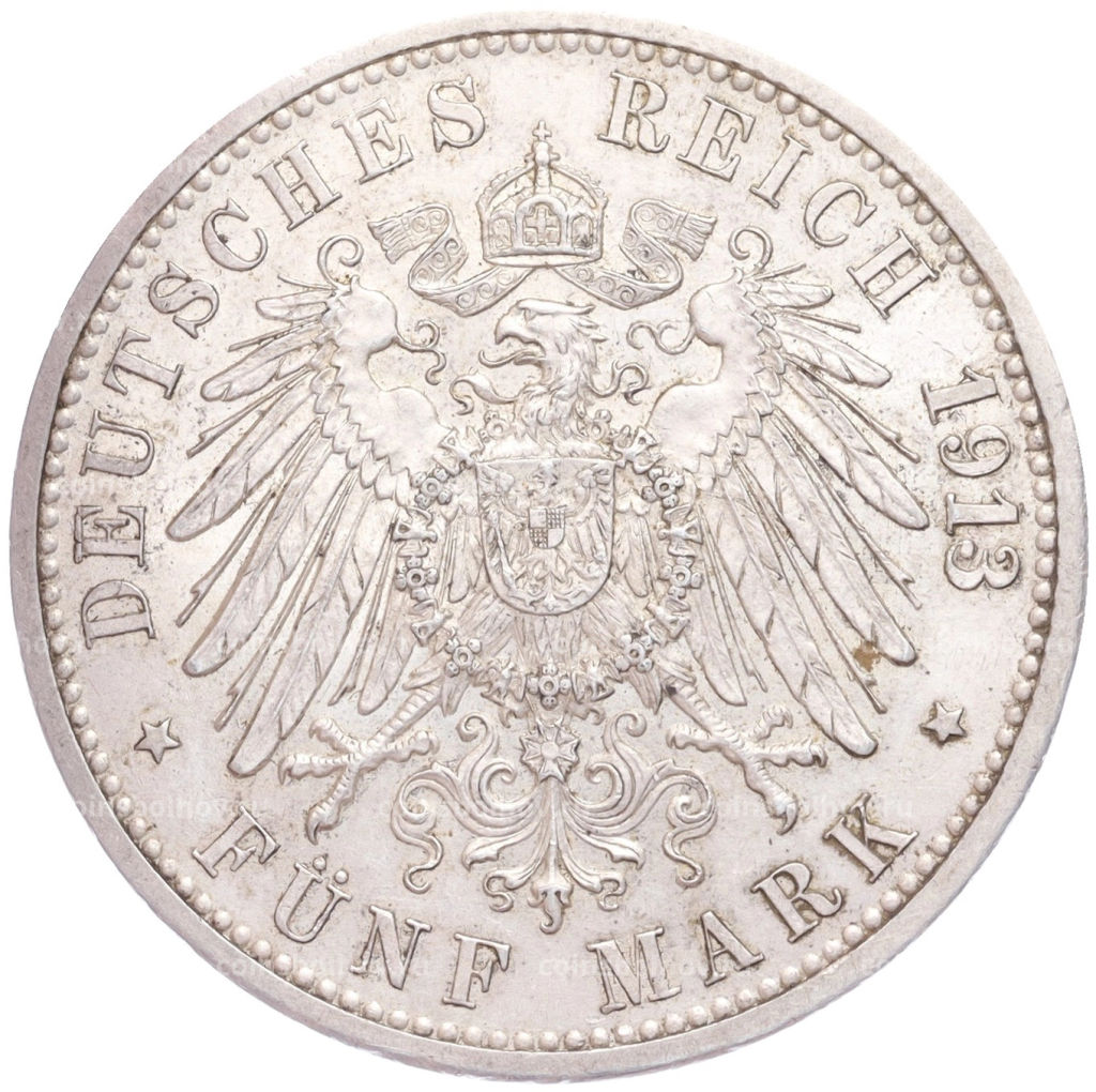Монета 5 марок 1913 года G Германия (Баден)