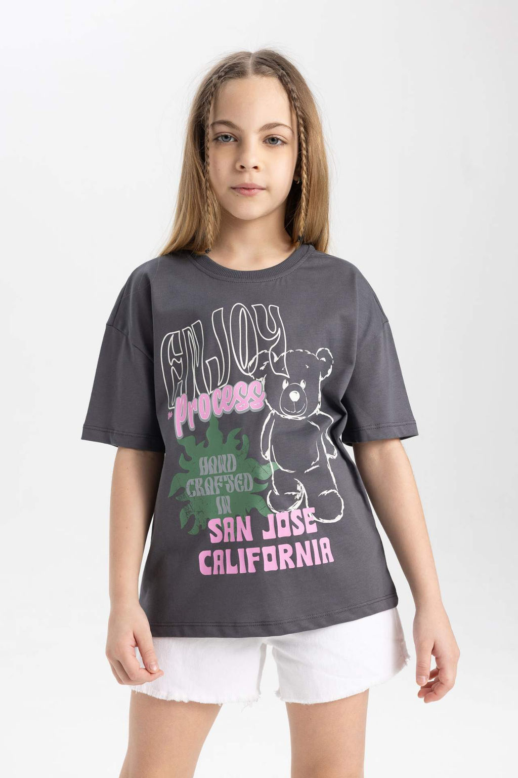 K?z Cocuk Relax Fit Bisiklet Yaka Bask?l? K?sa Kollu Tisort - Defacto фото 2