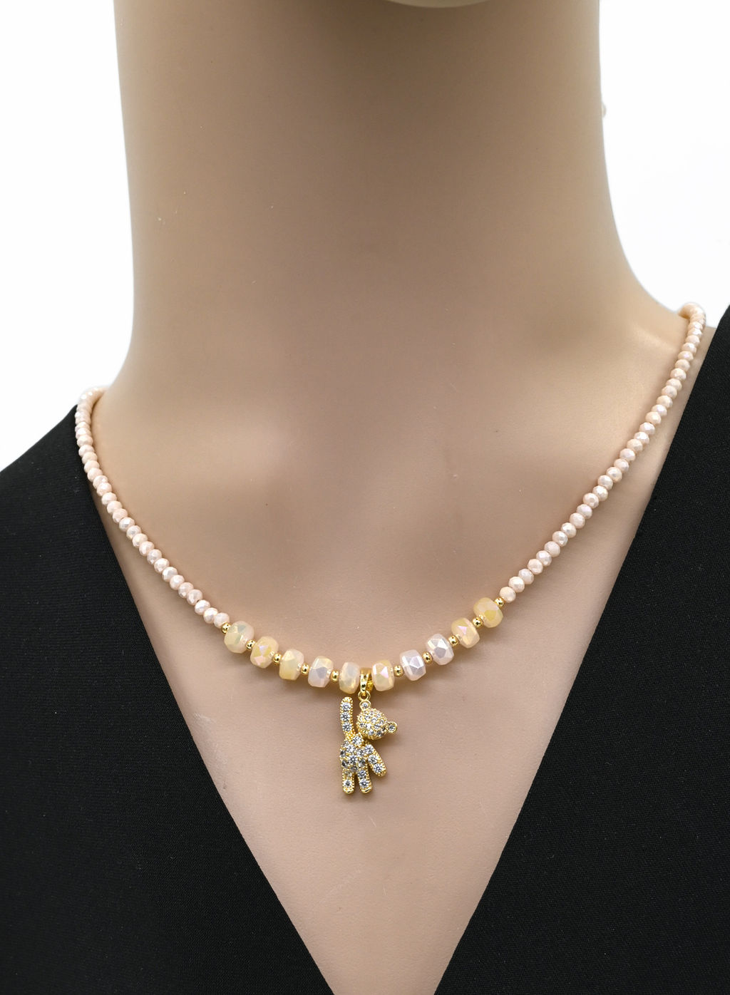 Чокер из циркона с подвеской Мишка рондель 3*2мм цв.персиковый, 39см