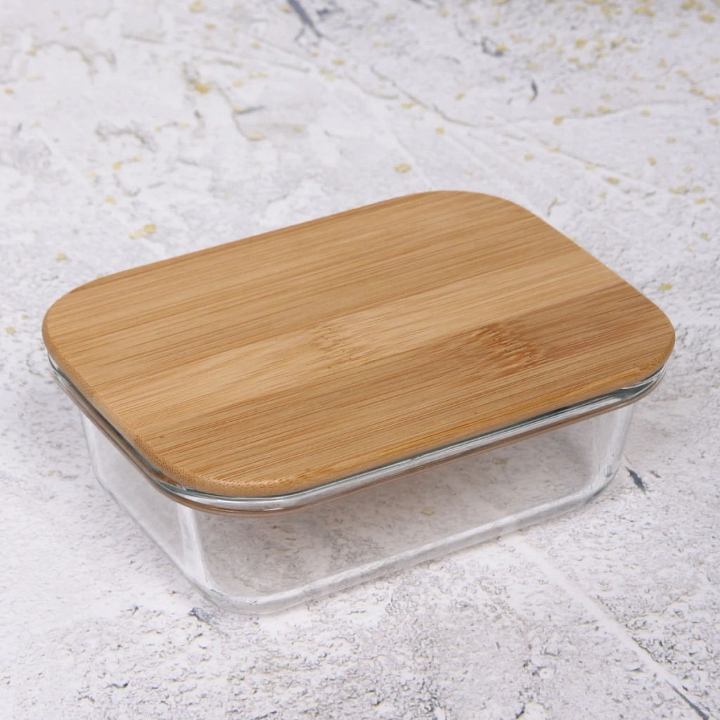 Контейнер стеклянный 400мл "Хай-Тек" прямоугольный с бамбуковой крышкой