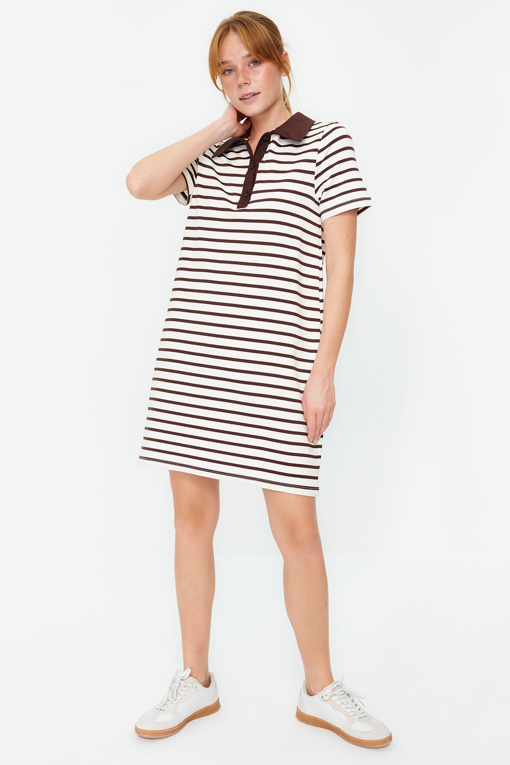 Kahverengi Beyaz Cizgili Polo Yaka A Kesim/Can Form Orme Elbise TWOSS24EL00023 - Trendyolmilla фото 3