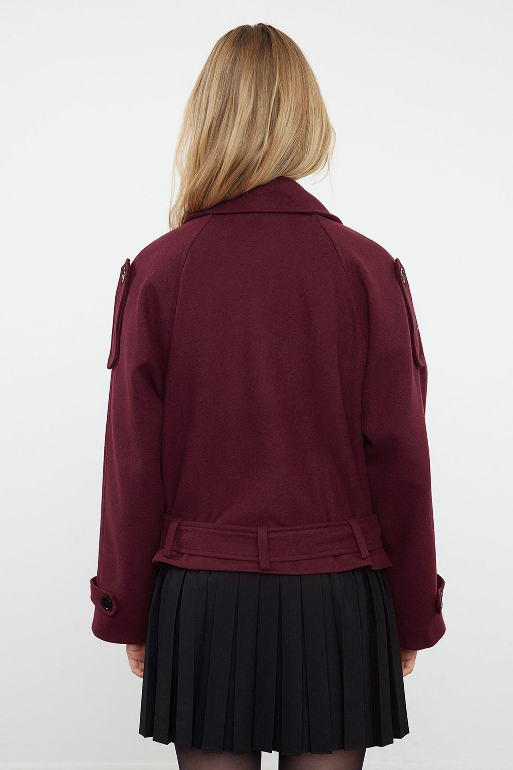 Bordo Yumusak Dokulu Mevsimlik K?sa Oversize Kase Ceket Kaban TWOAW25KB00049