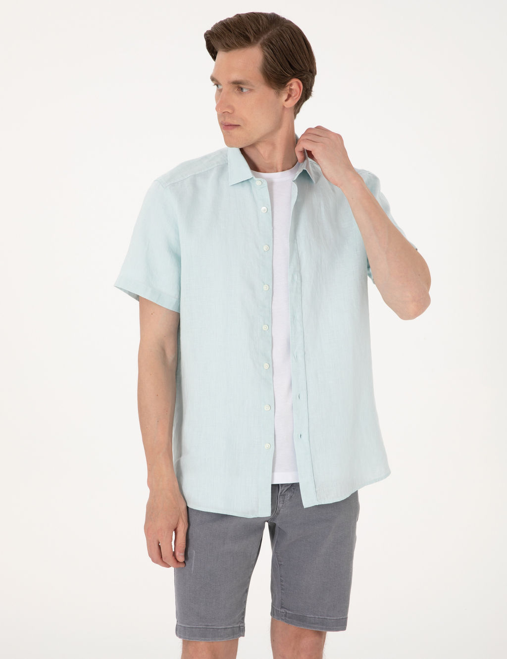 Su ye_ili %100 Keten Regular Fit K_sa Kollu G_mlek
