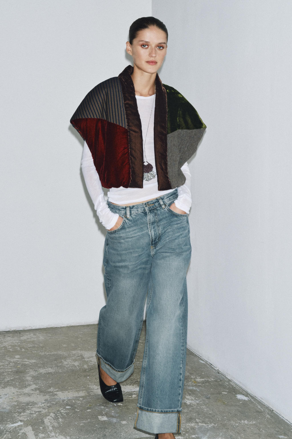 QUILTED VELVET JACKET WITH CONTRASTING FABRIC