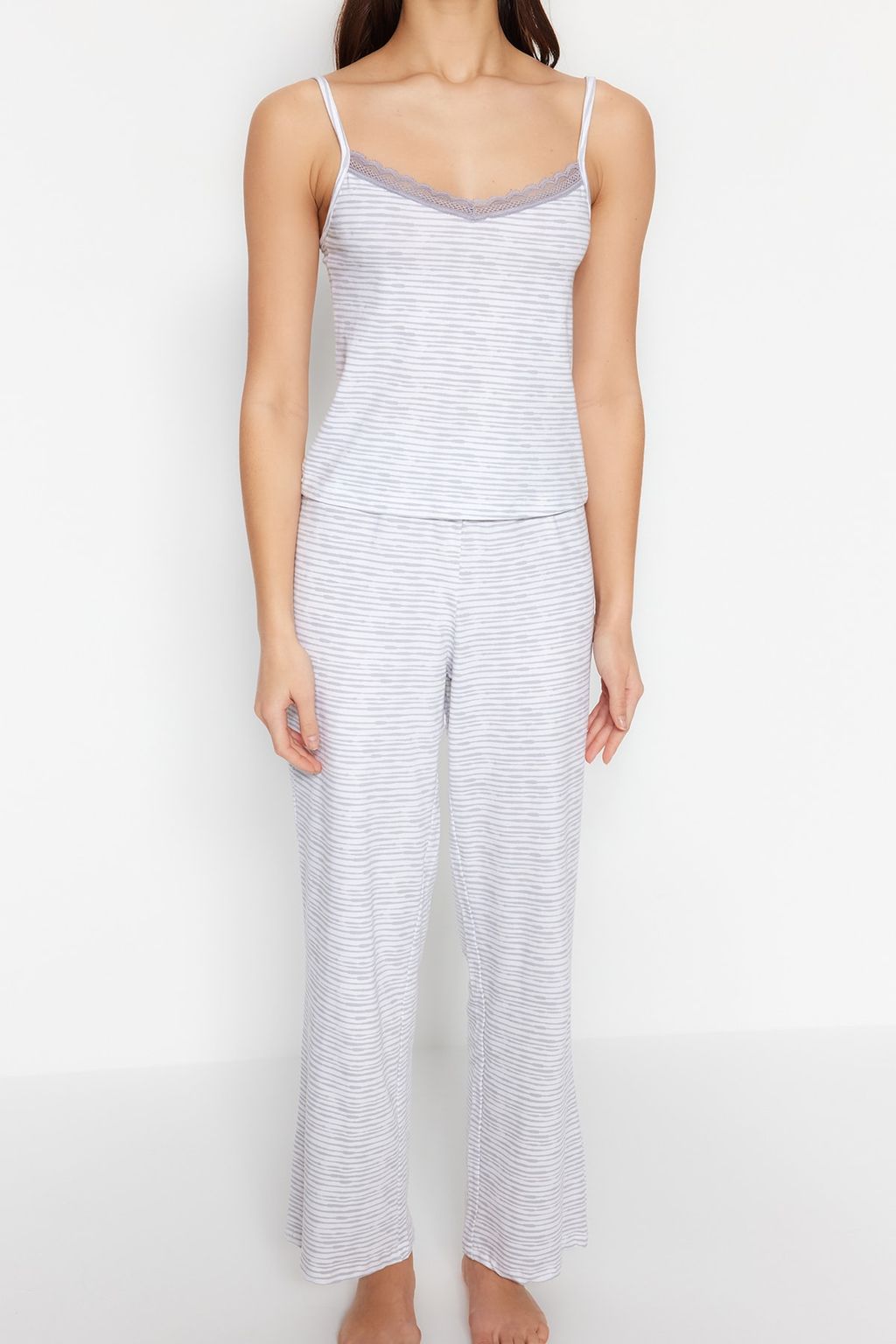 Trendyolmilla Pudra Pamuklu Cizgili Dantelli Ip Ask?l? Orme Pijama Tak?m? THMSS23PT00227 фото 11