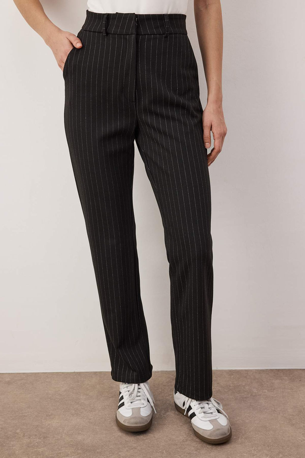 Siyah Cizgili Fitted Normal Bel Esnek Interlok Orme Pantolon TWOAW26PL00137 - Trendyolmilla фото 3