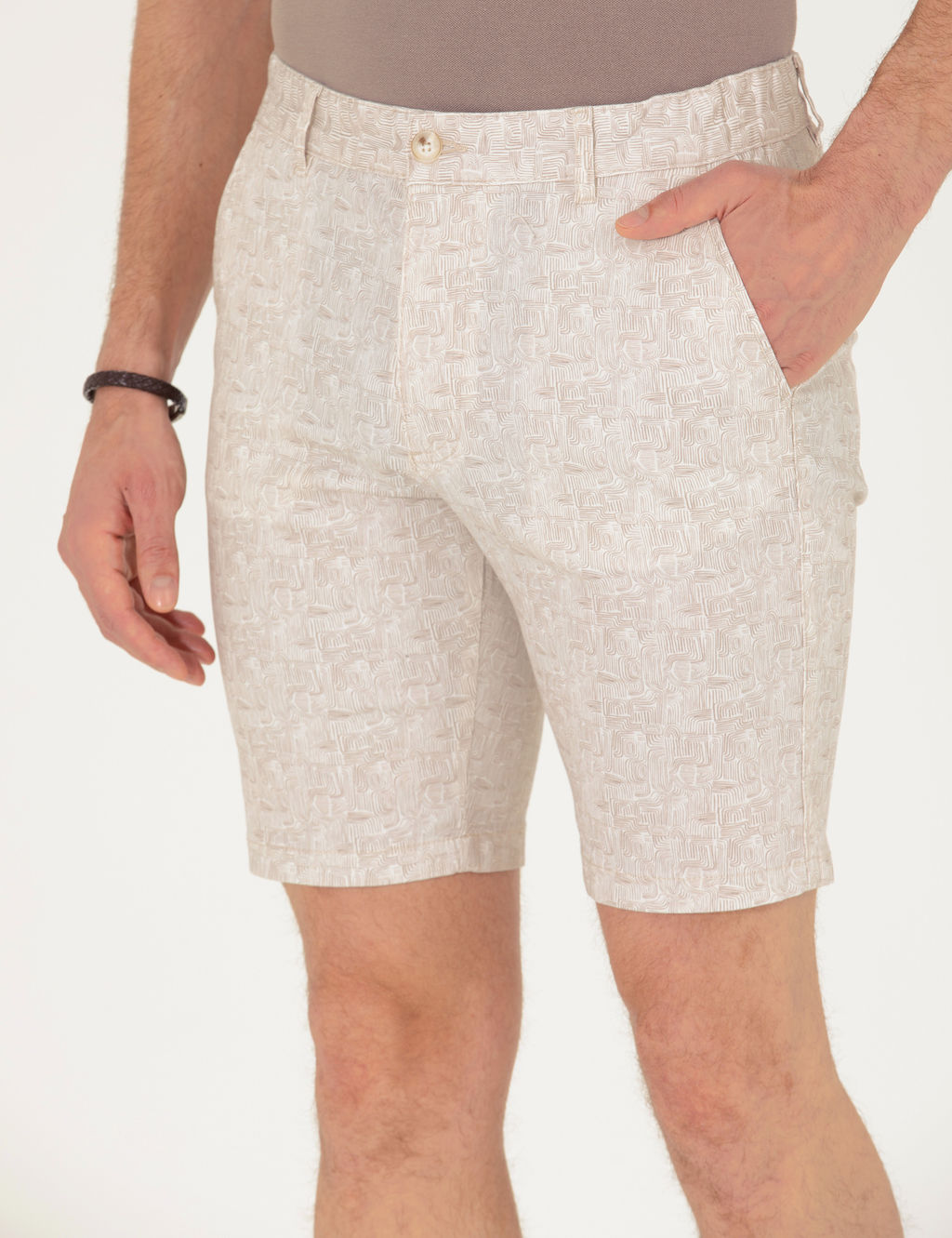 Bej Slim Fit Beli Lastikli Desenli Bermuda _ort
