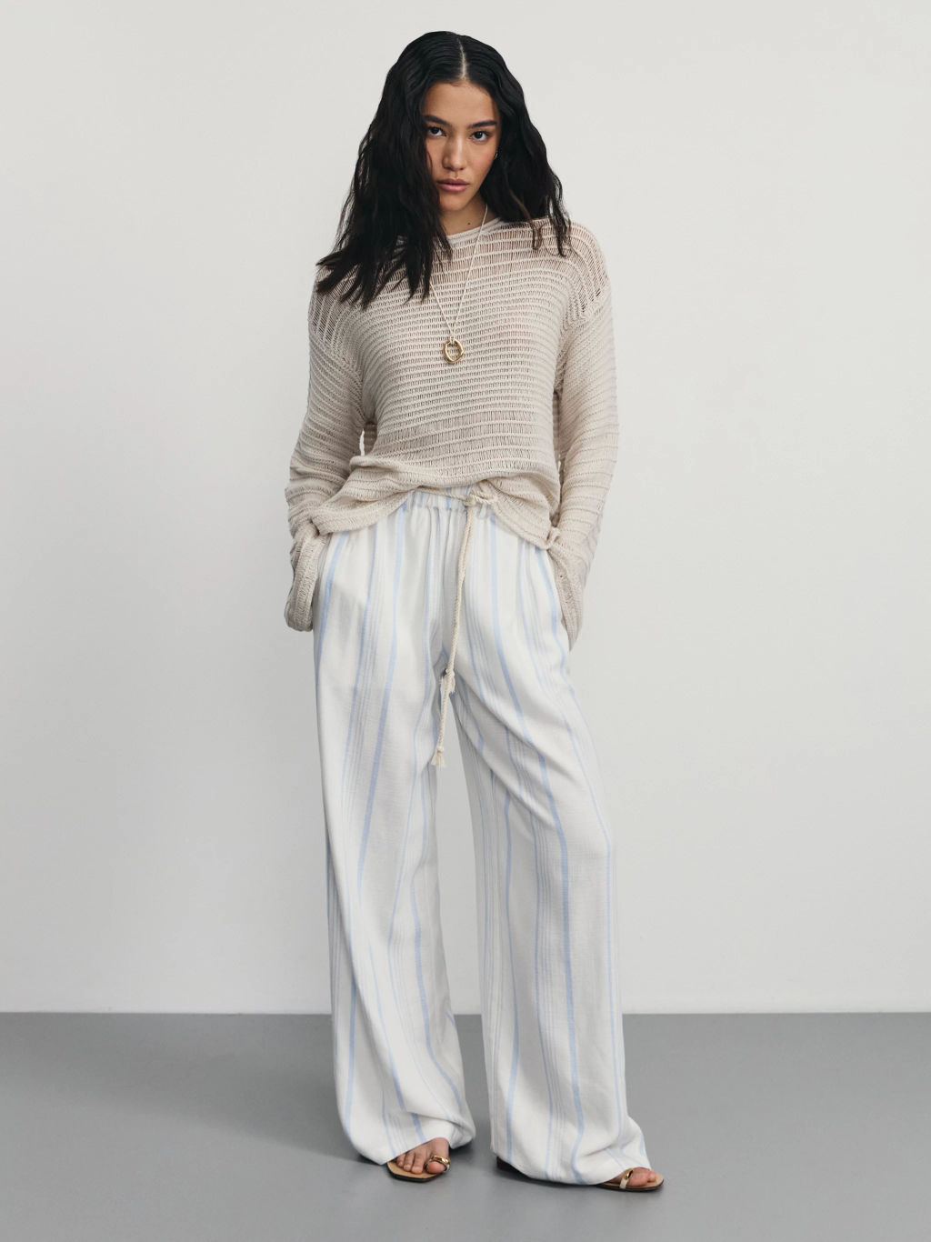 Прямые брюки из вискозы и льна в полоску / Zarina  фото 2