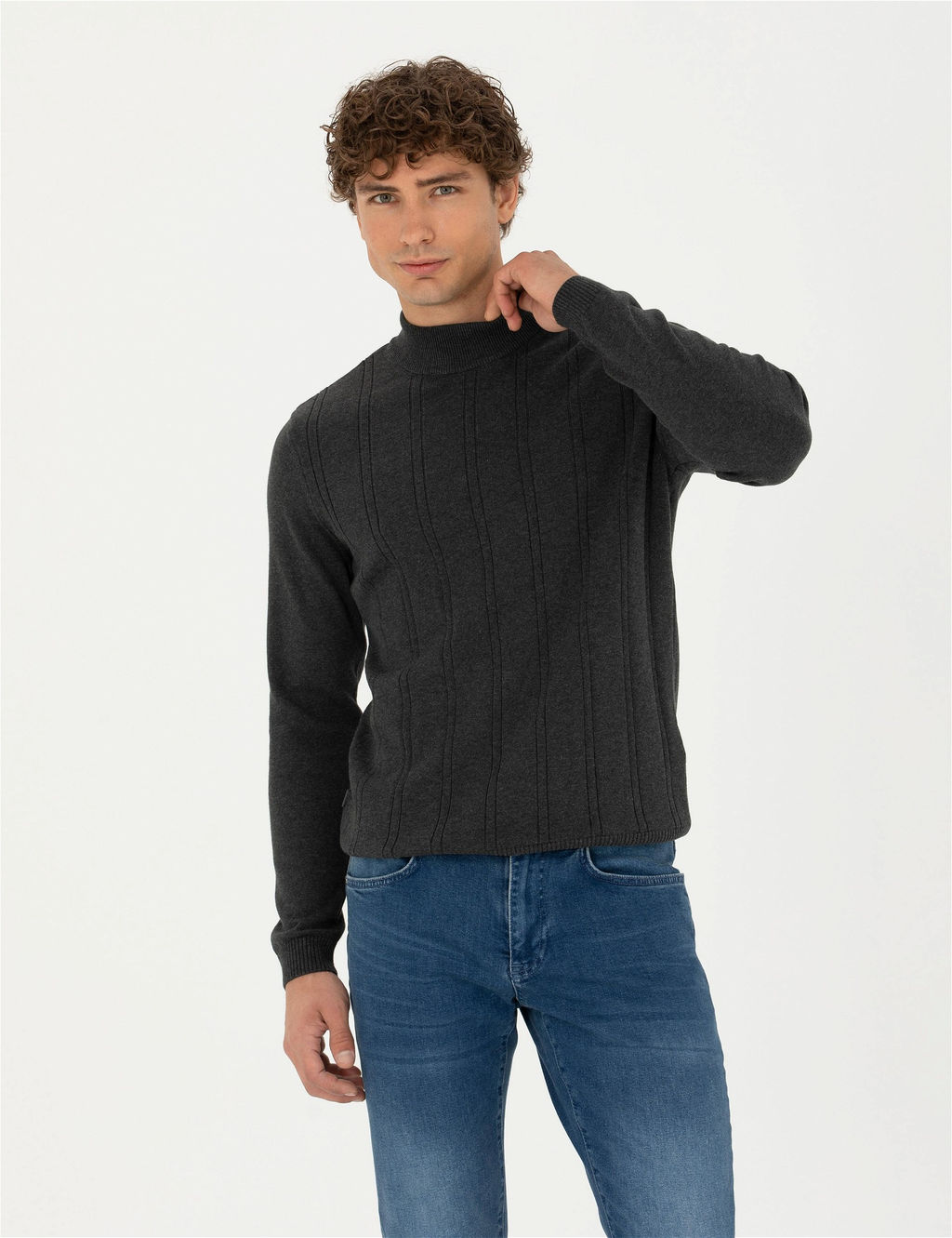 Antrasit Melanj Slim Fit Yar_m Bal_k__ Yaka Triko Kazak