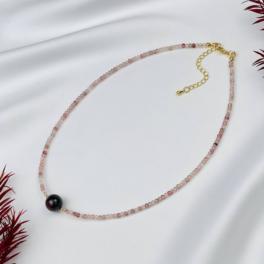 Чокер из Клубничного кварца и Граната 38 см +