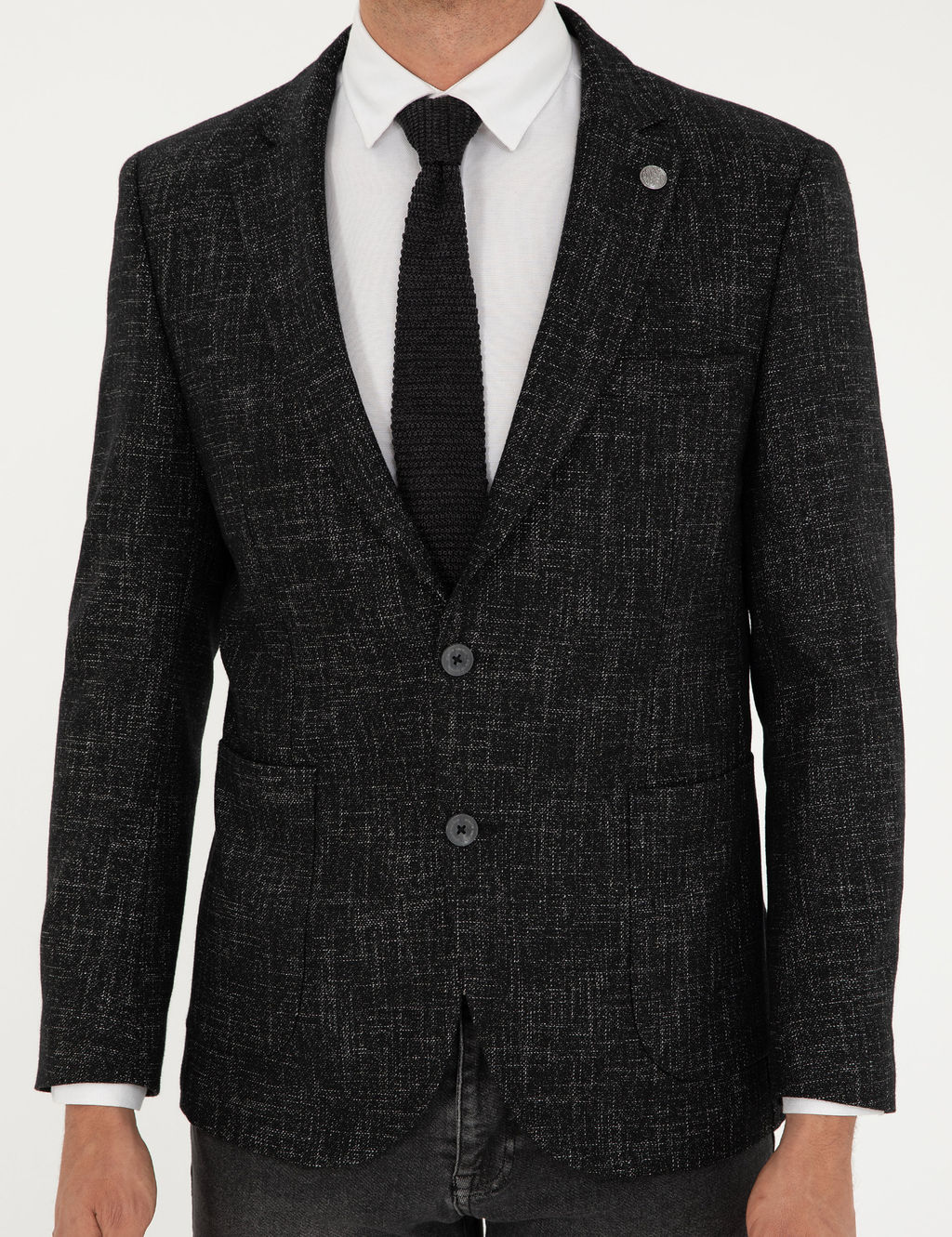 Siyah Y_n Kar___ml_ Ex. Slim Fit Ceket