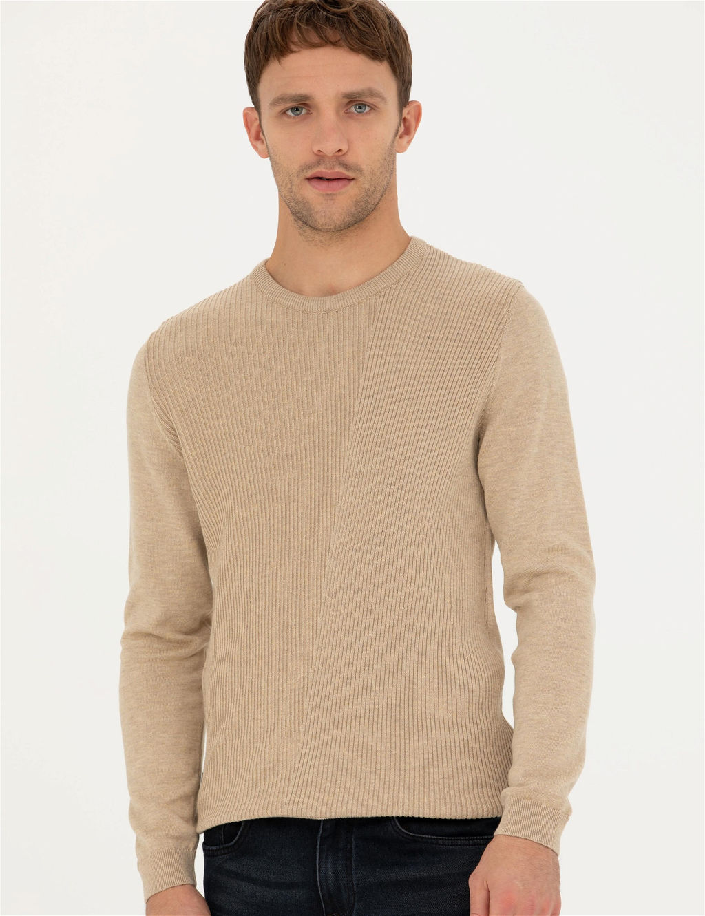 Bej Slim Fit Bisiklet Yaka Triko Kazak - Pierre cardin фото 3