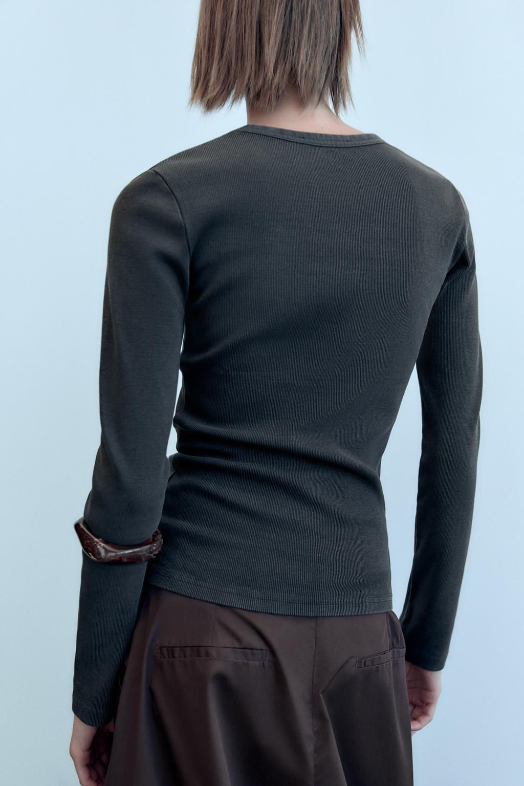 LONG SLEEVE WASHED EFFECT RIBBED T-SHIRT - Zara фото 16