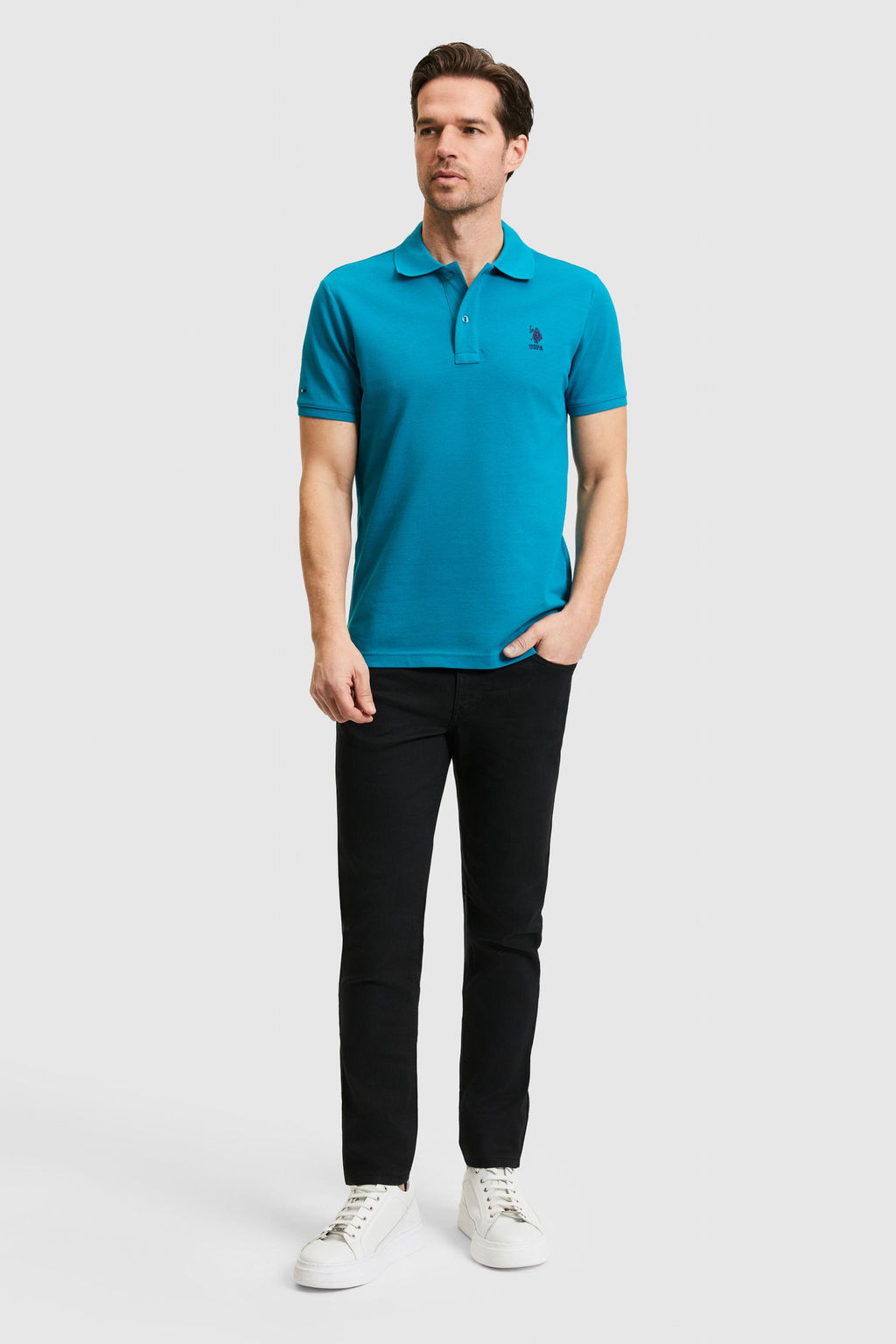 Erkek Slim Fit Polo Yaka Petrol Basic Ti__rt