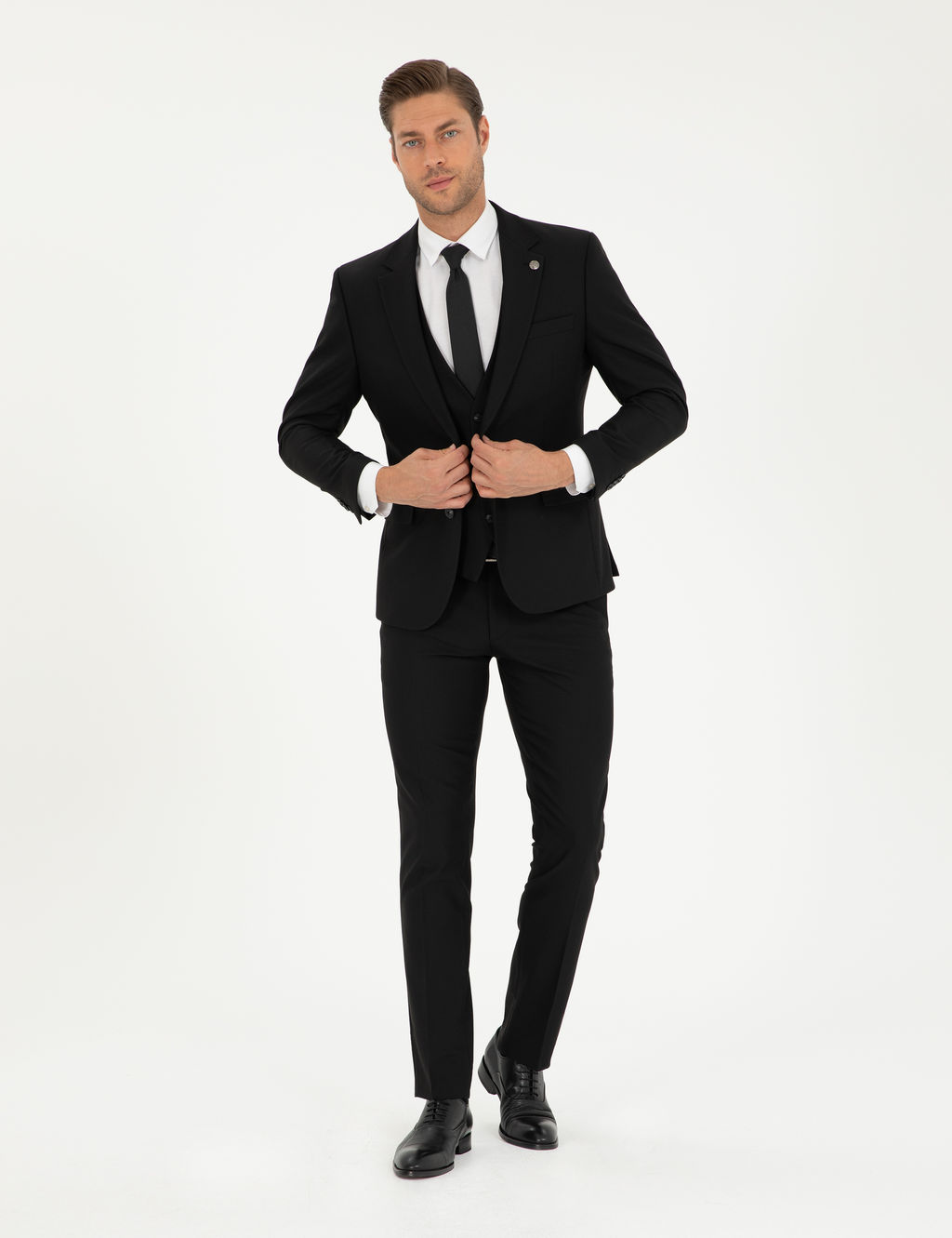 Siyah Slim Fit Yelekli Tak_m Elbise