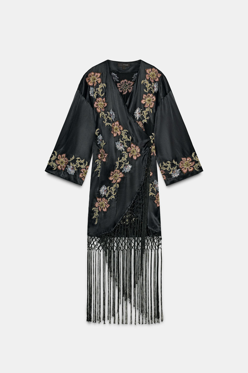 KIMONO WITH FLORAL EMBROIDERY AND FRINGES - Zara фото 6
