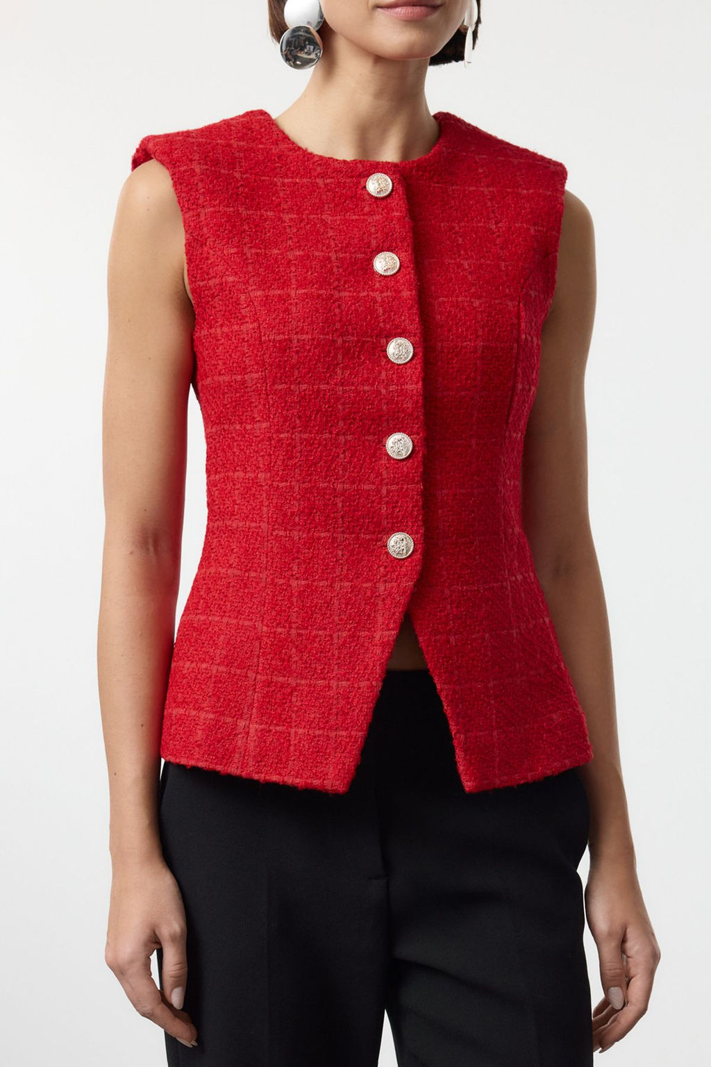 K?rm?z? Regular Tuvit Yuvarlak Yaka Y?lbas? Dokuma Yelek TWOAW25YE00059