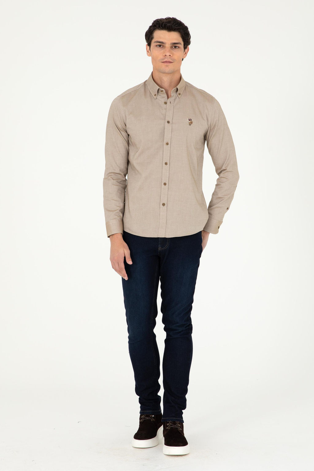 Мужская базовая рубашка цвета хаки с длинным рукавом - U.s. polo assn фото 4