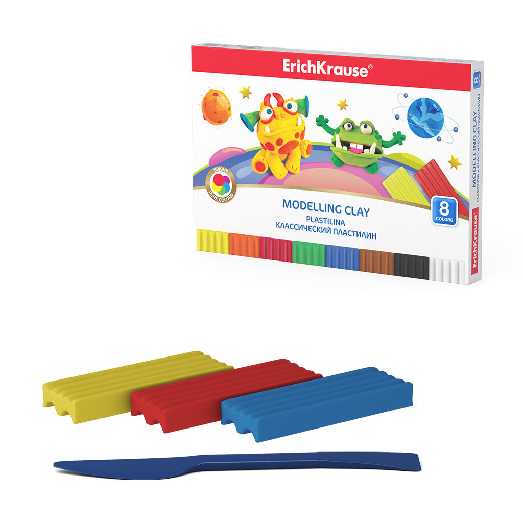 АКЦИЯ Цена за 7 шт. Пластилин классический ErichKrause Cosmic Monsters 8 цветов со стеком, 144 г (в коробке 8 шт)