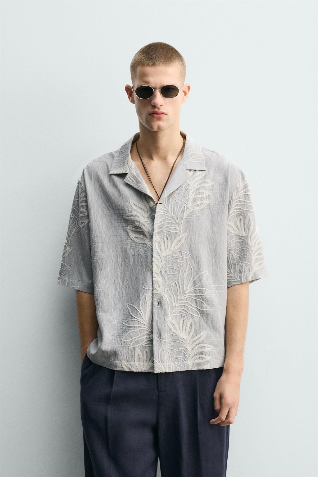 CAMISA JACQUARD BORDADO HOJAS / Celeste - Zara фото 2