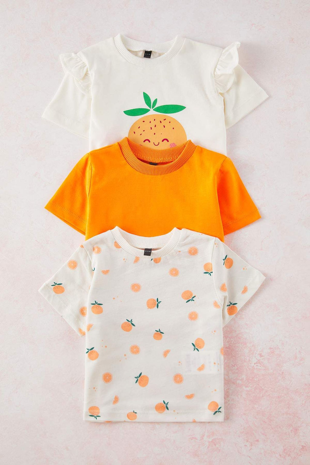 Turuncu 3lu K?z Bebek %100 Pamuk Portakal Bask?l? F?rf?rl? K?sa Kol T-shirt TKDSS25TS00111