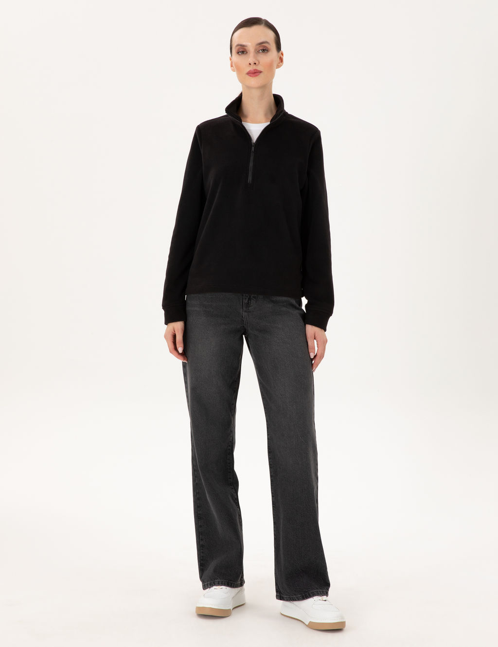 Siyah Comfort Fit Fermuarl_ Polar Sweatshirt