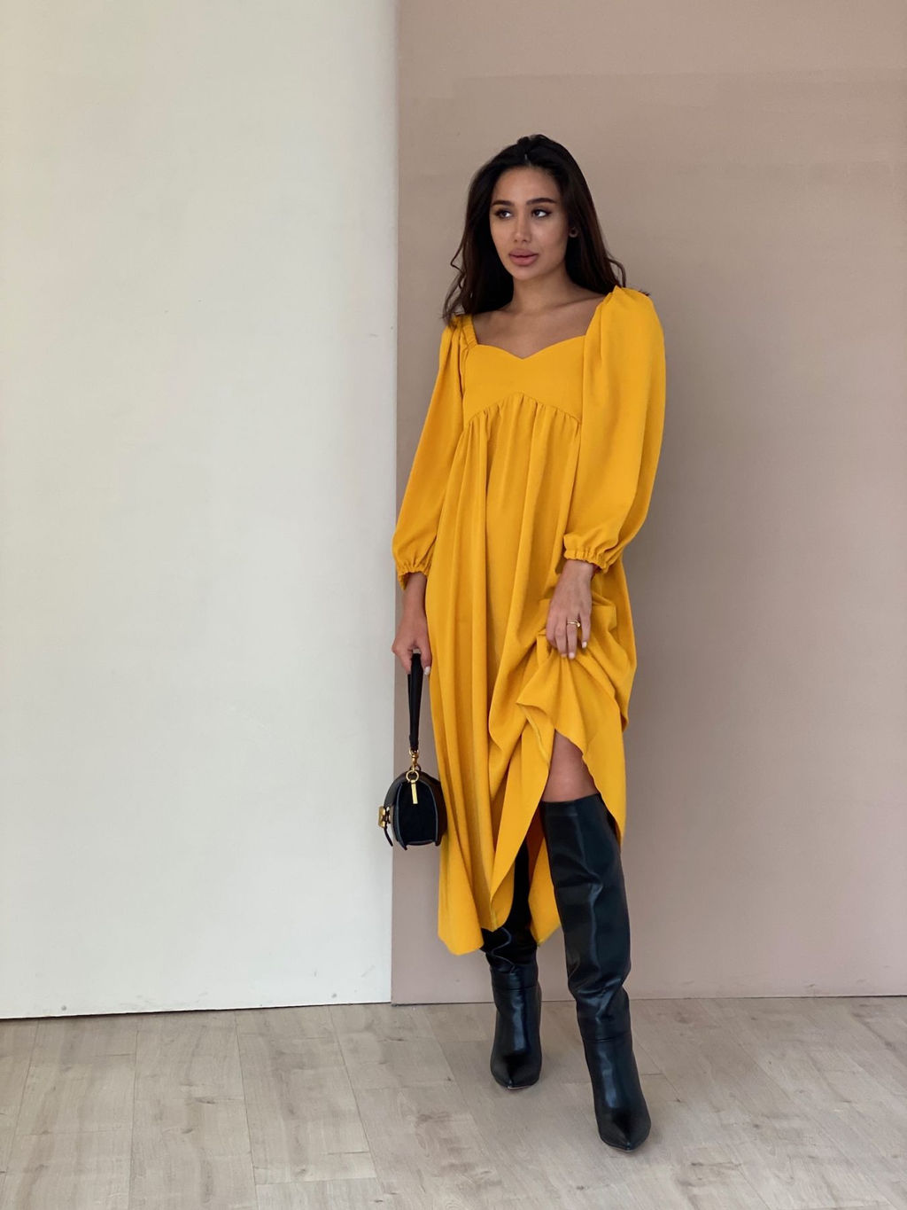 Платье-миди с пышными рукавами в цвете манго - Martichelli фото 55