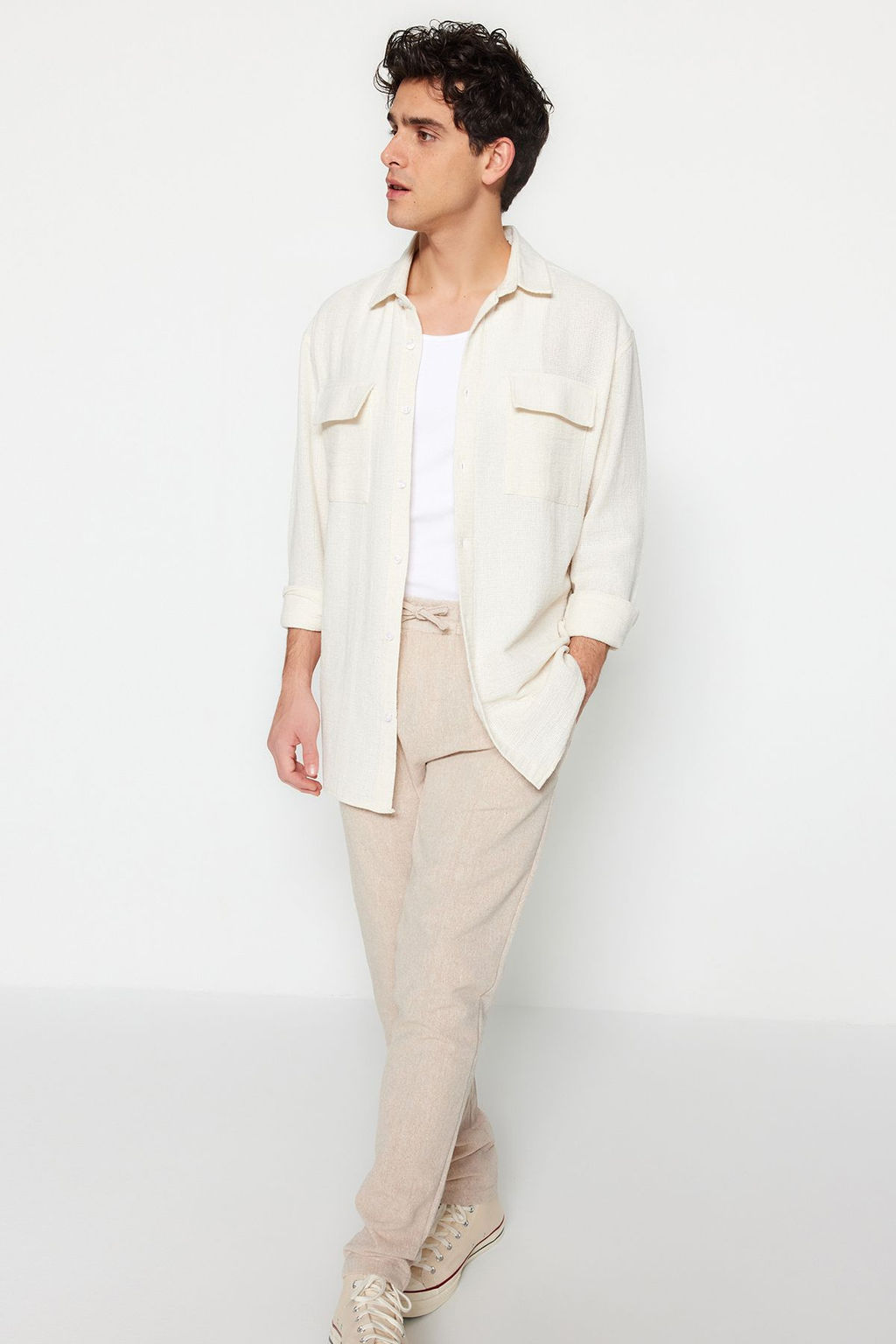 TRENDYOL MAN Ekru Oversize Fit Keten Dokulu Cift Cepli Ceket Gomlek TMNSS23GO00089 - Trendyolmilla фото 5