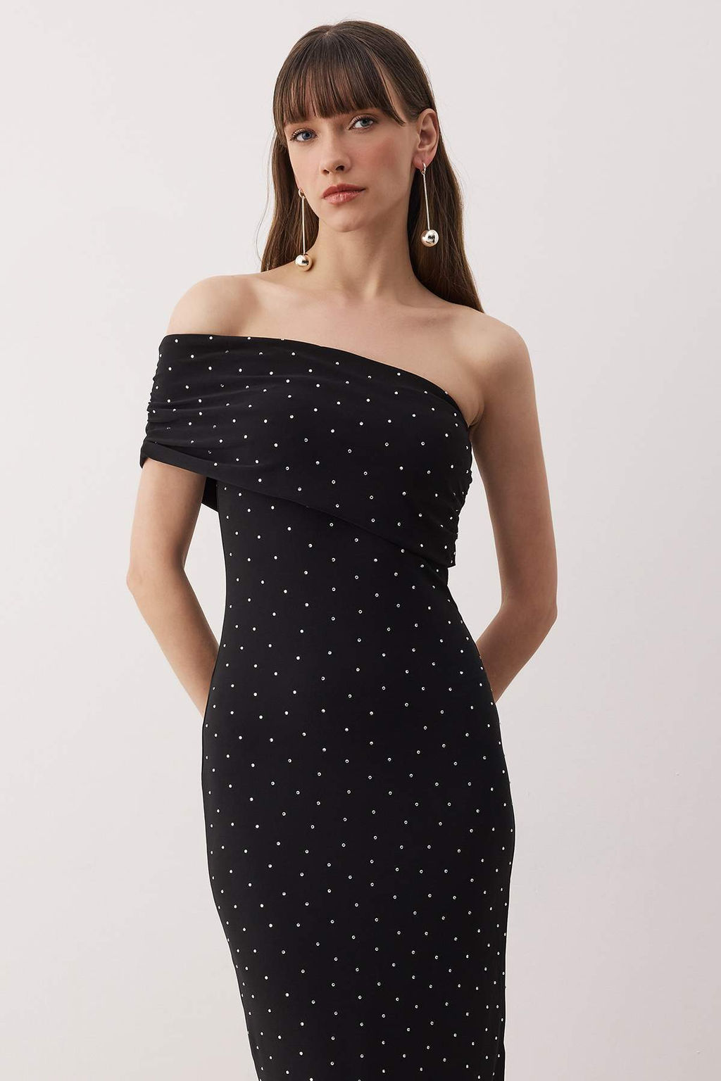 Siyah Tas Bask?l? Tek Omuz Orme Midi Astars?z Elbise TPRAW26EL00061 - Trendyolmilla фото 2