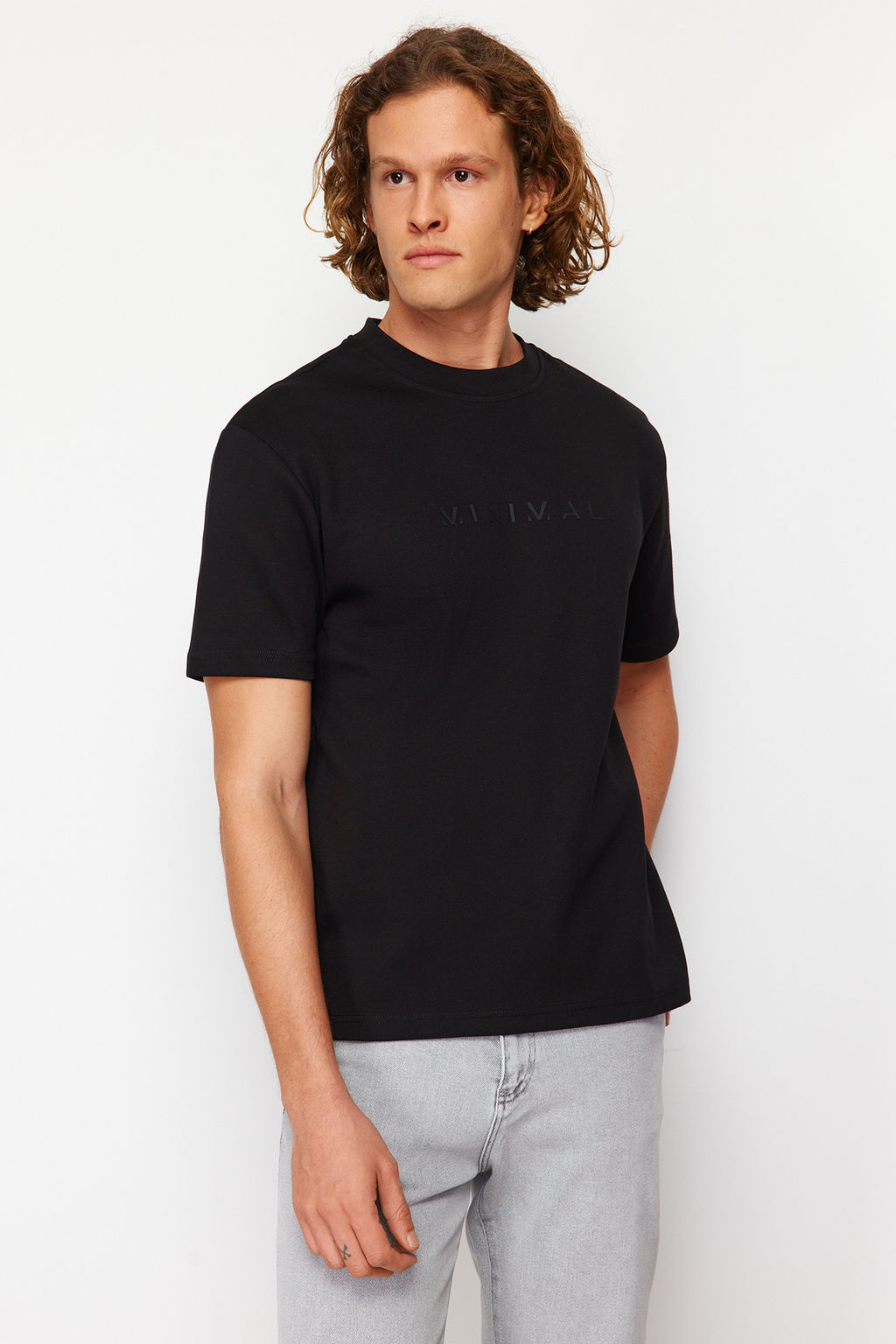 Siyah Oversize/Genis Kesim Kabar?k Yaz? Bask?l? K?sa Kollu Tok Kumasl? T-Shir TMNSS24TS00114 - Trendyolmilla фото 2