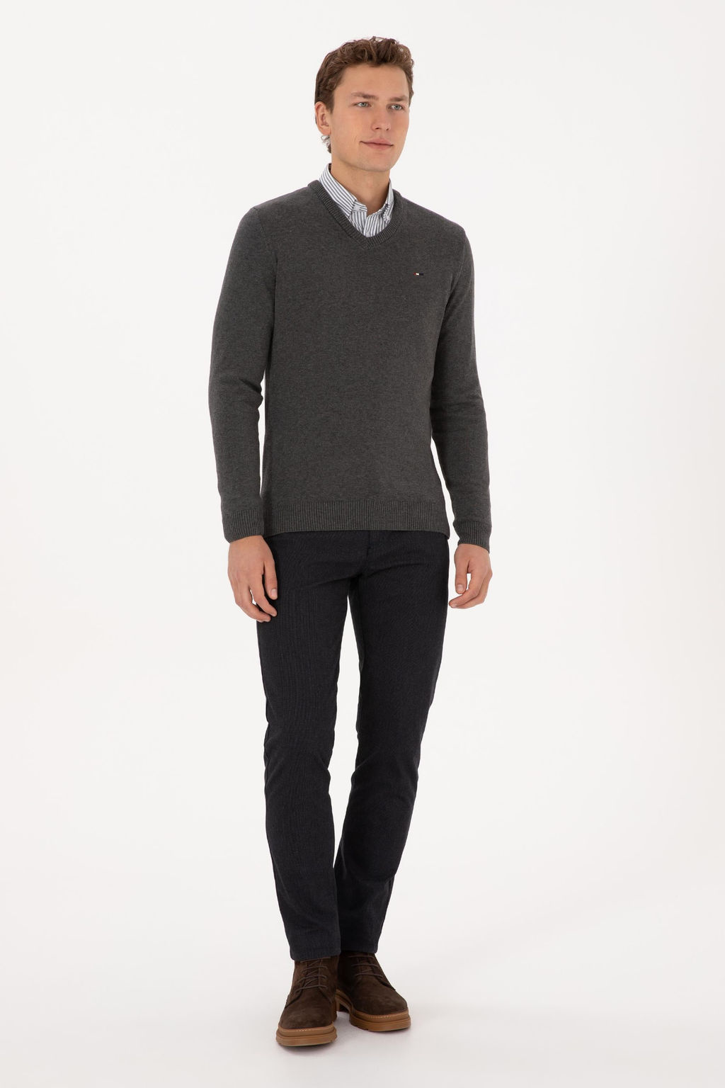 Erkek Slim Fit V Yaka Antrasit Melanj Basic Kazak - U.s. polo assn фото 4
