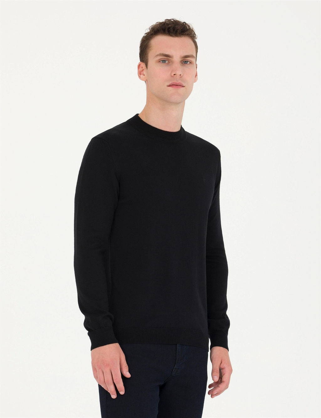 Siyah Slim Fit Yar_m Bal_k__ Yaka Basic Triko Kazak