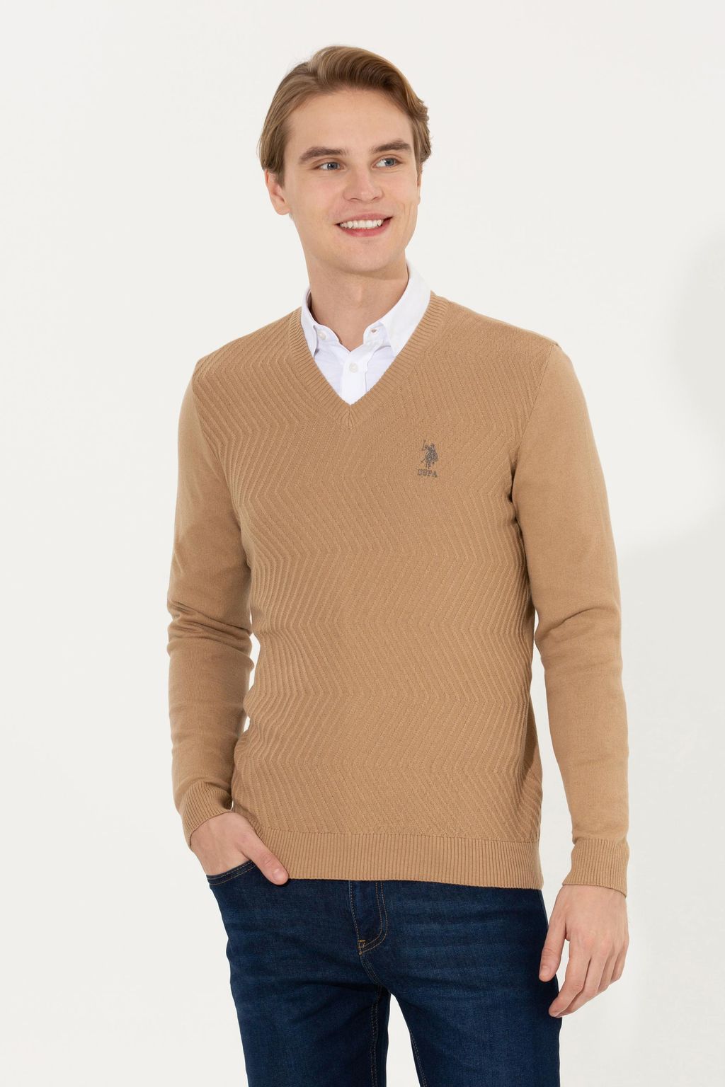 U. S. Polo Assn Мужской вязаный свитер светло-коричневого цвета с v-образным вырезом меланжевого цвета - U.s. polo assn фото 3