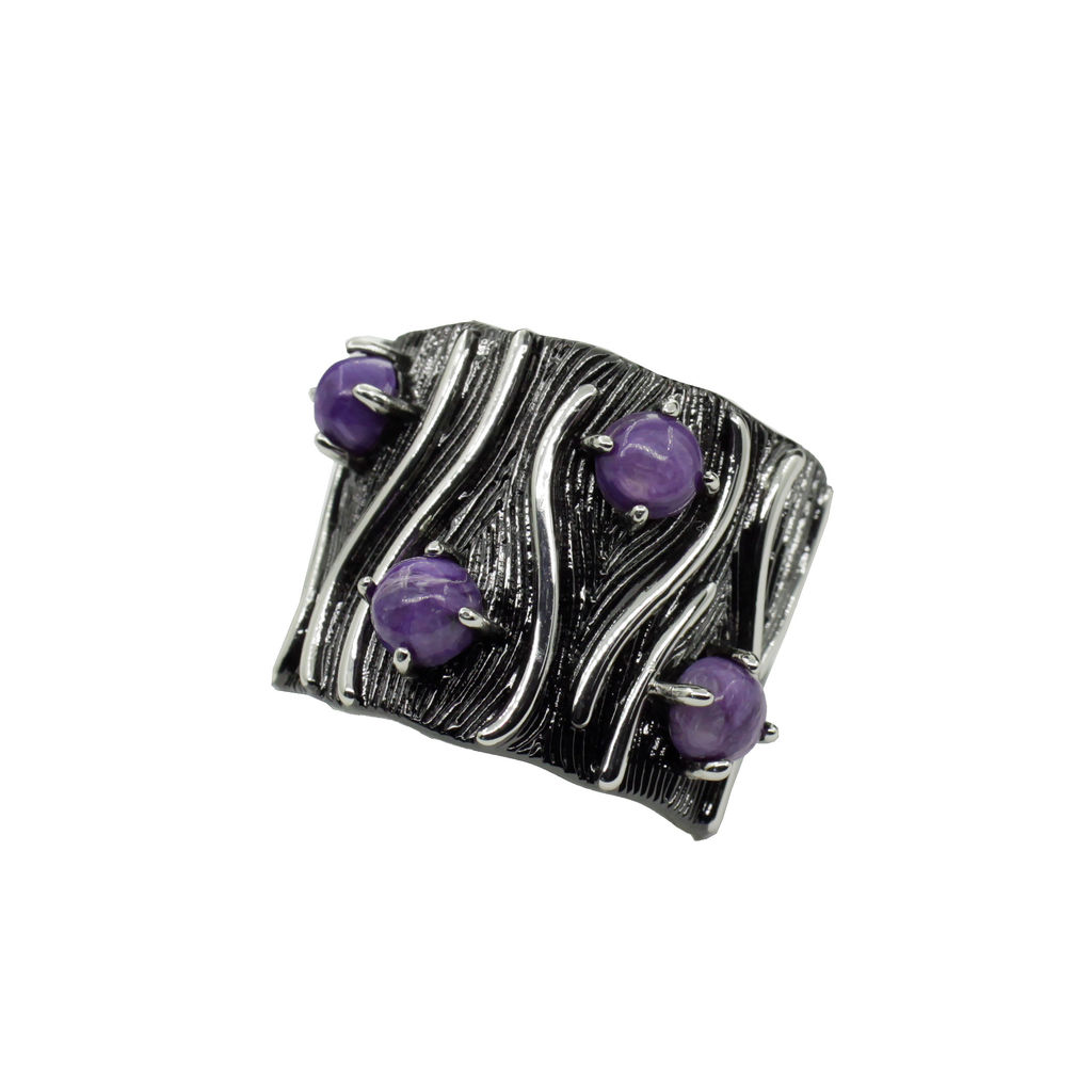 Комплект Чара-51, чароит, покрытие родий, размеры кольца: 17, 18, 19, 20 - Agat77 фото 2