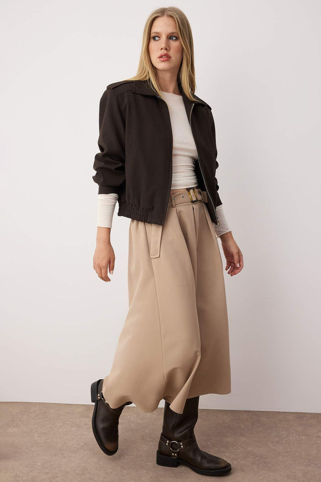 Bej Kemerli Dokuma Midi Etek TWOAW26ET00034 - Trendyolmilla фото 3