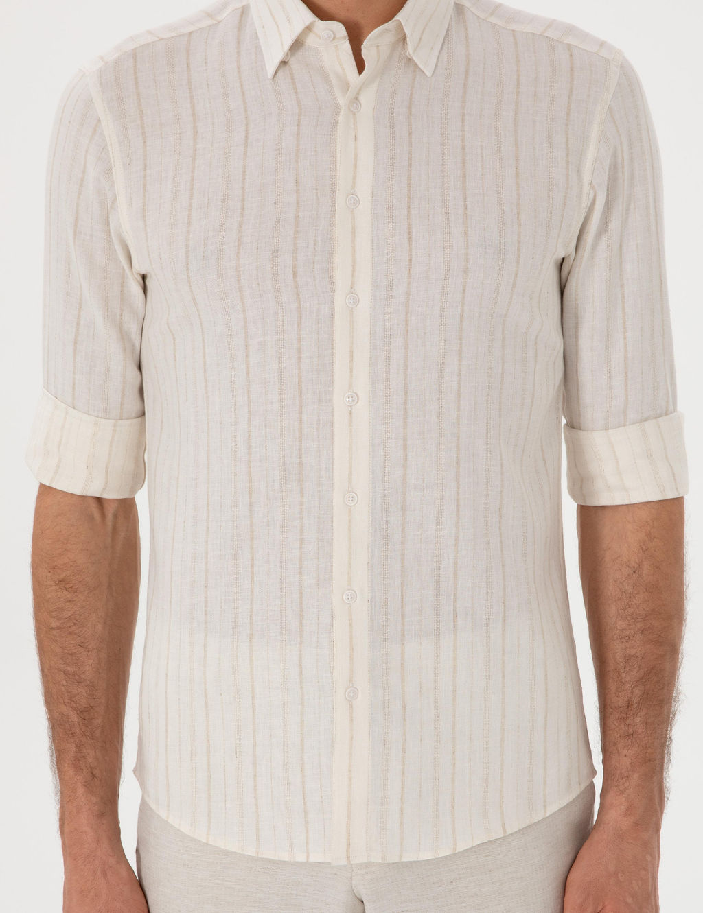 Bej Slim Fit _izgili Keten Kar___ml_ G_mlek