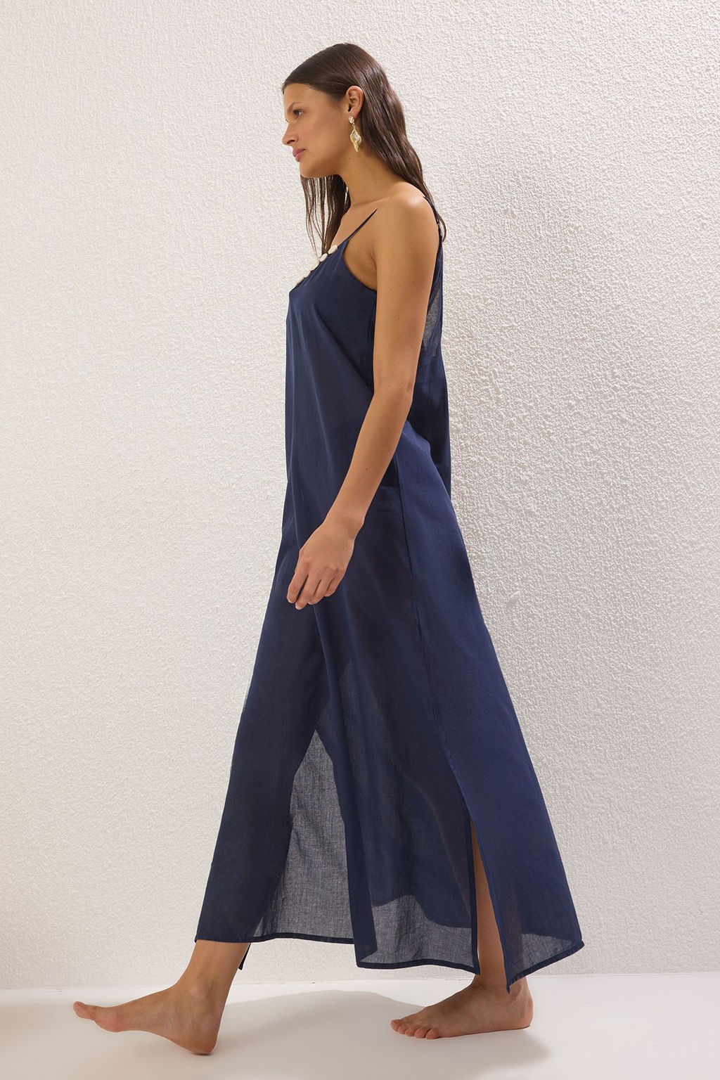 Lacivert Dokuma Aksesuar Detayl? %100 Pamuk Maxi Plaj Elbise TBESS25EL00062 - Trendyolmilla фото 3