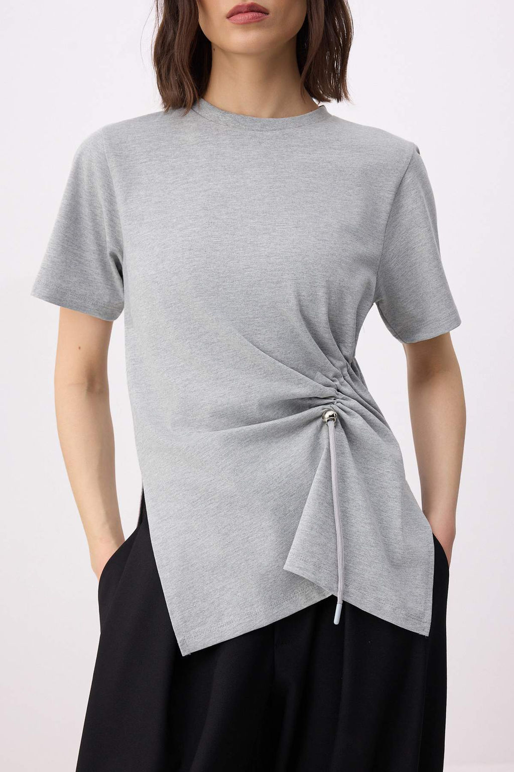 Gri Melanj Regular/Normal Kal?p K?sa Kollu %100 Pamuk Buzgu Detayl? Orme Bluz TWOSS26BZ00009