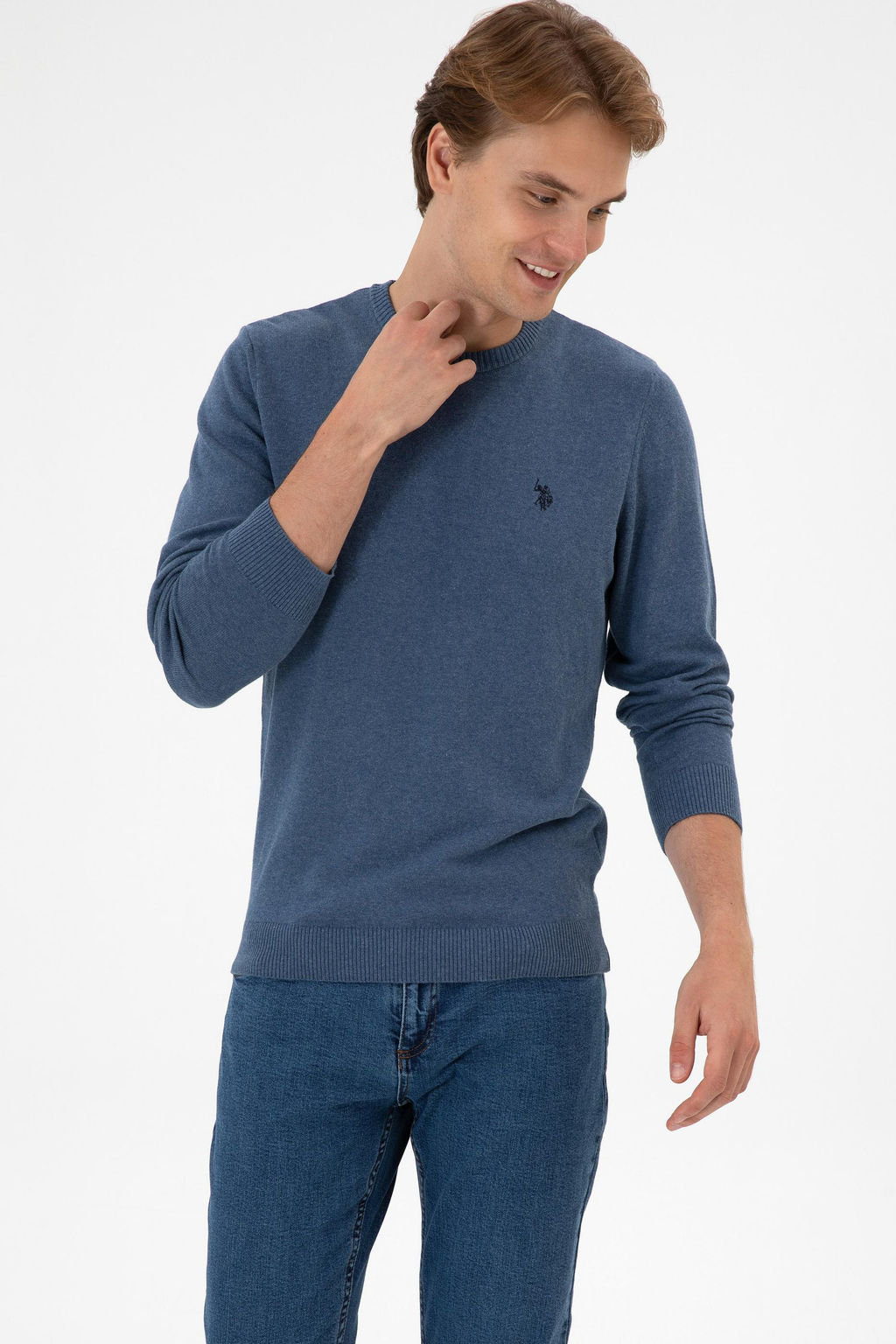 Erkek Slim Fit Bisiklet Yaka Koyu Mavi Melanj Basic Kazak - U.s. polo assn фото 3