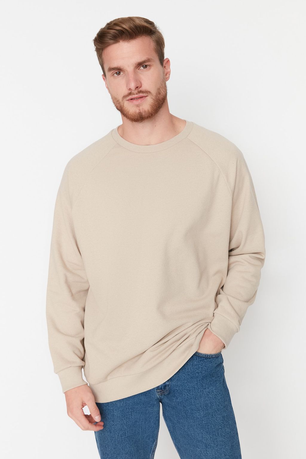 Bej Oversize/Genis Kesim Ici Polar/S?cak Tutan Reglan Kol Sweatshirt TMNAW23SW00190