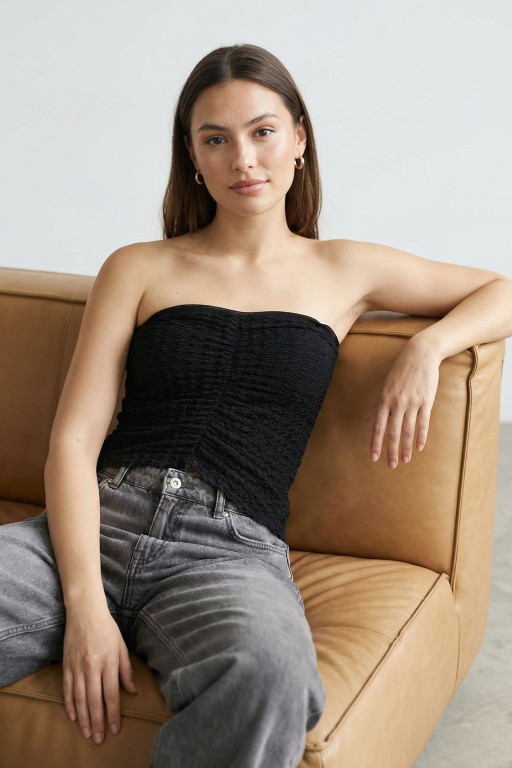 Siyah Dokulu Fitted/Vucuda Oturan Crop Buzgu/Drape Detayl? Straplez Esnek Orme Bluz TWOSS25BZ00004 - Trendyolmilla фото 15