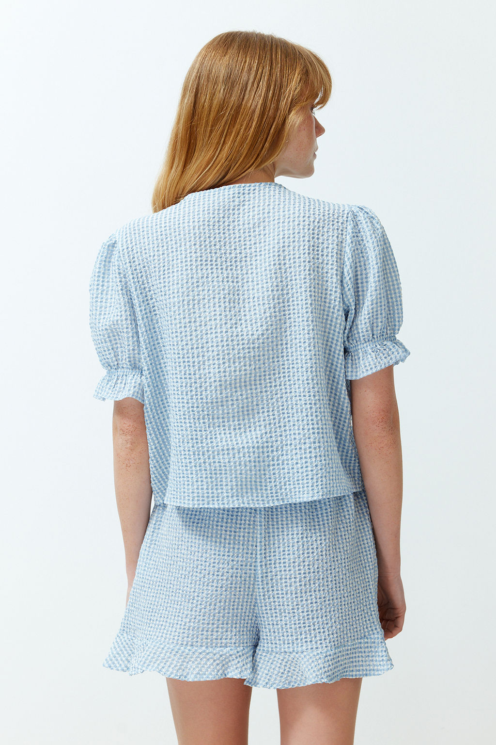 Trendyolmilla Mavi Dokulu Potikareli Baglama/Kurdele/Fiyonk Detayl? Sortlu Dokuma Pijama Tak?m? THMSS24PT00149  фото 9