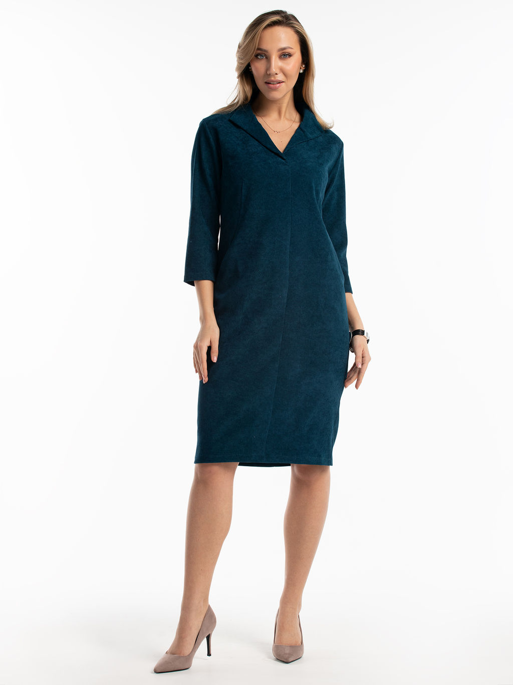 Платье вельветовое с воротником и карманами морская волна - Odis фото 4