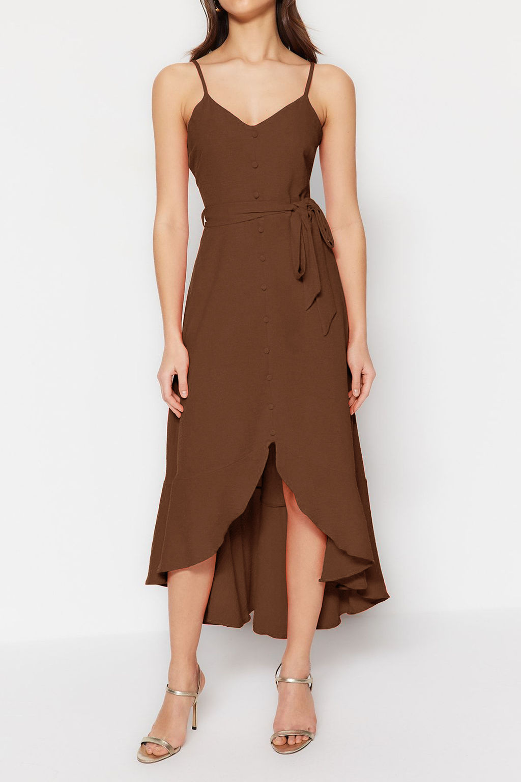 Kahverengi Kusakl? A-Kesim Volanl? Dugme Detayl? Dokuma Maxi Elbise TWOSS23EL02271