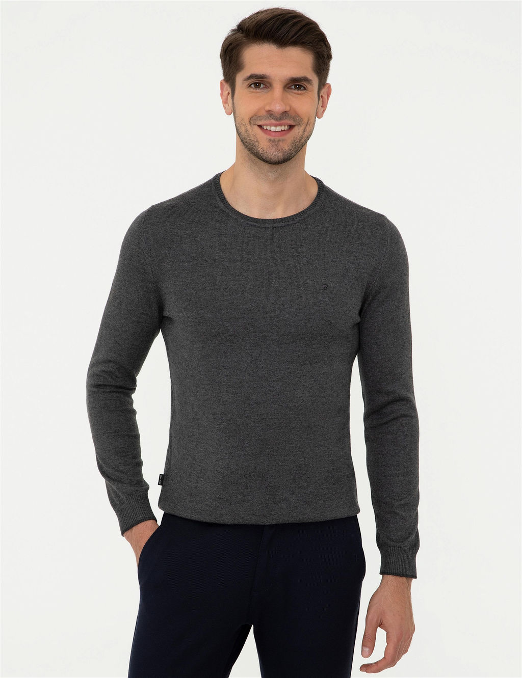 Gri Melanj Slim Fit Bisiklet Yaka Basic Triko Kazak