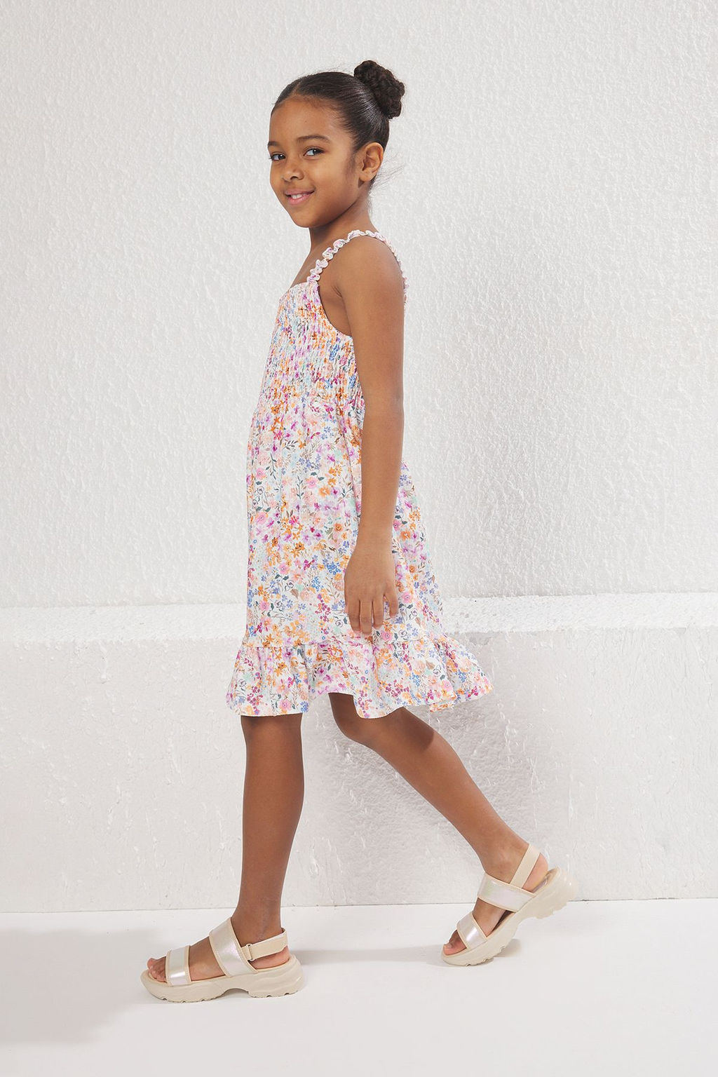Pembe K?z Cocuk Cicekli Ask?l? Mini Orme Elbise TKDSS25EL00064