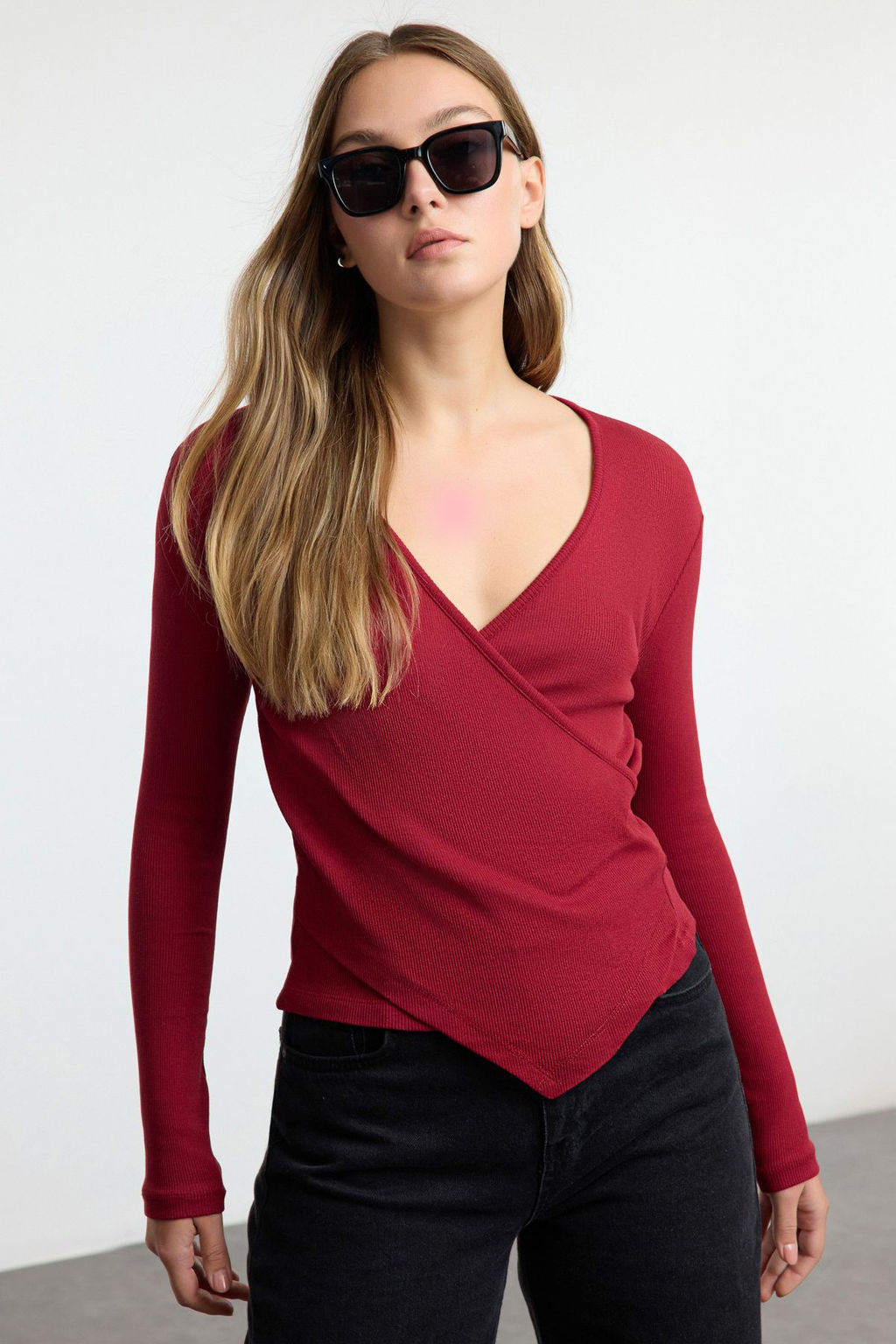 Bordo Fitted/Vucuda Oturan Kruvaze Yaka Uzun Kol Fitilli Esnek Orme Bluz TWOAW21BZ1274
